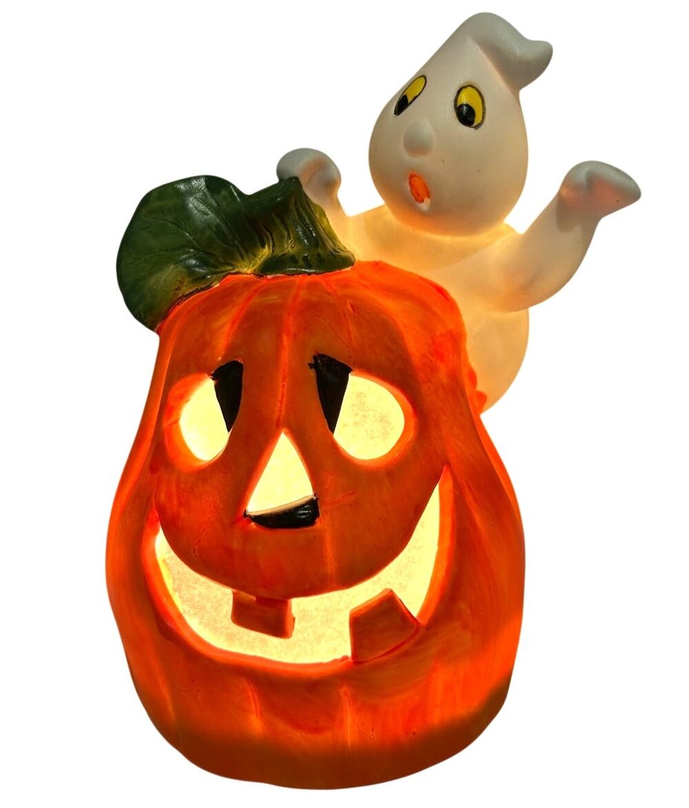 Vintage Halloween Ron Gordon Handpainted Ghost 'n Pumpkin Lit Jack o' Lantern